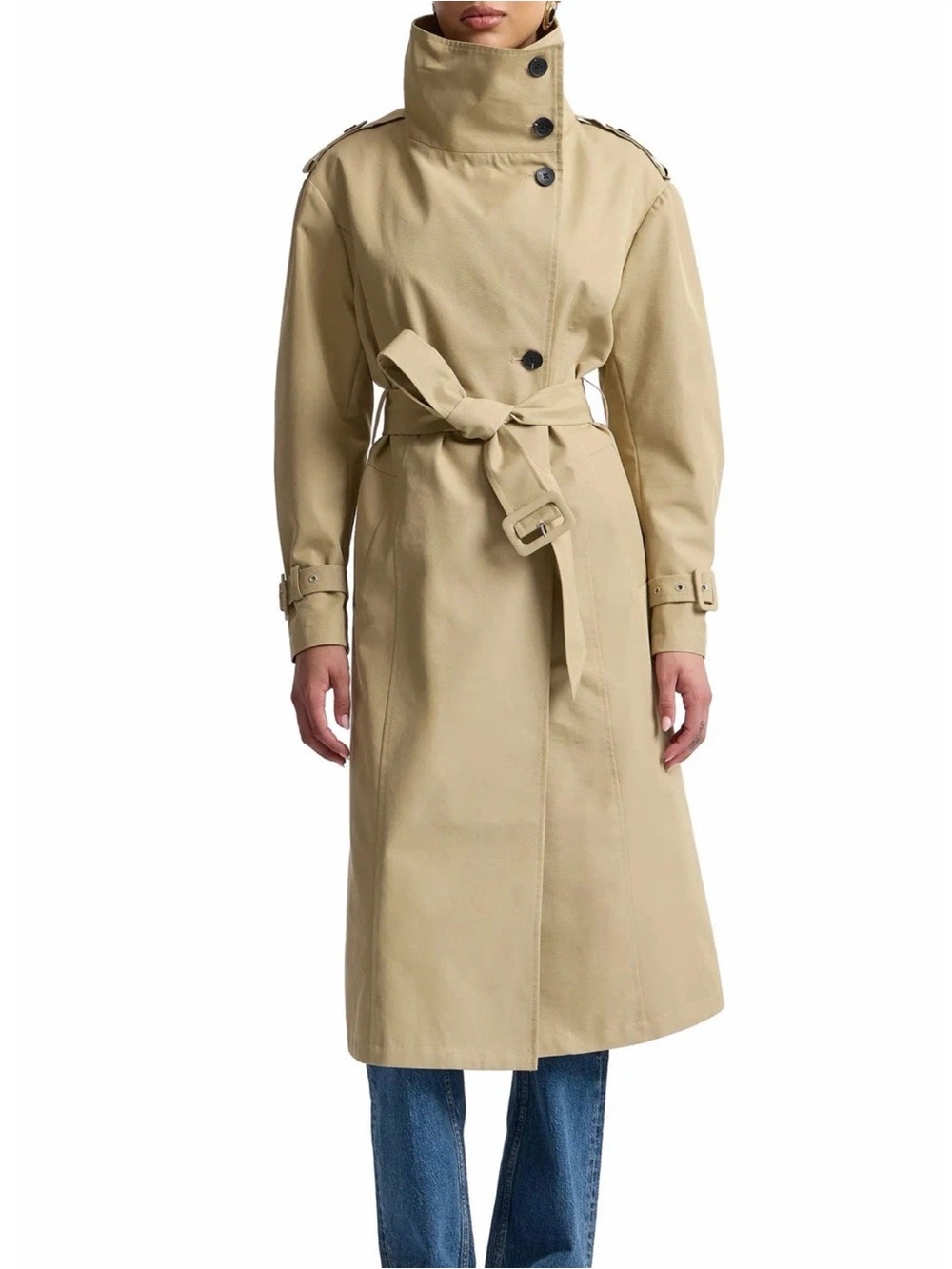 Avec Les Filles Women’s Belted Cotton Blend Long Trench Coat In Khaki NWT